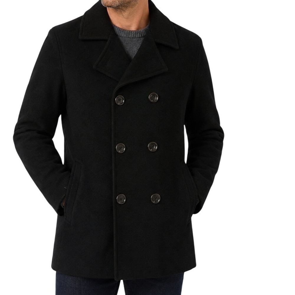 Roundtree & Yorke Black Wool Blend Double Breasted Pea Coat Men's Medium